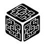 Un d6 noir avec un dessin de labyrinthe blanc sur ses faces