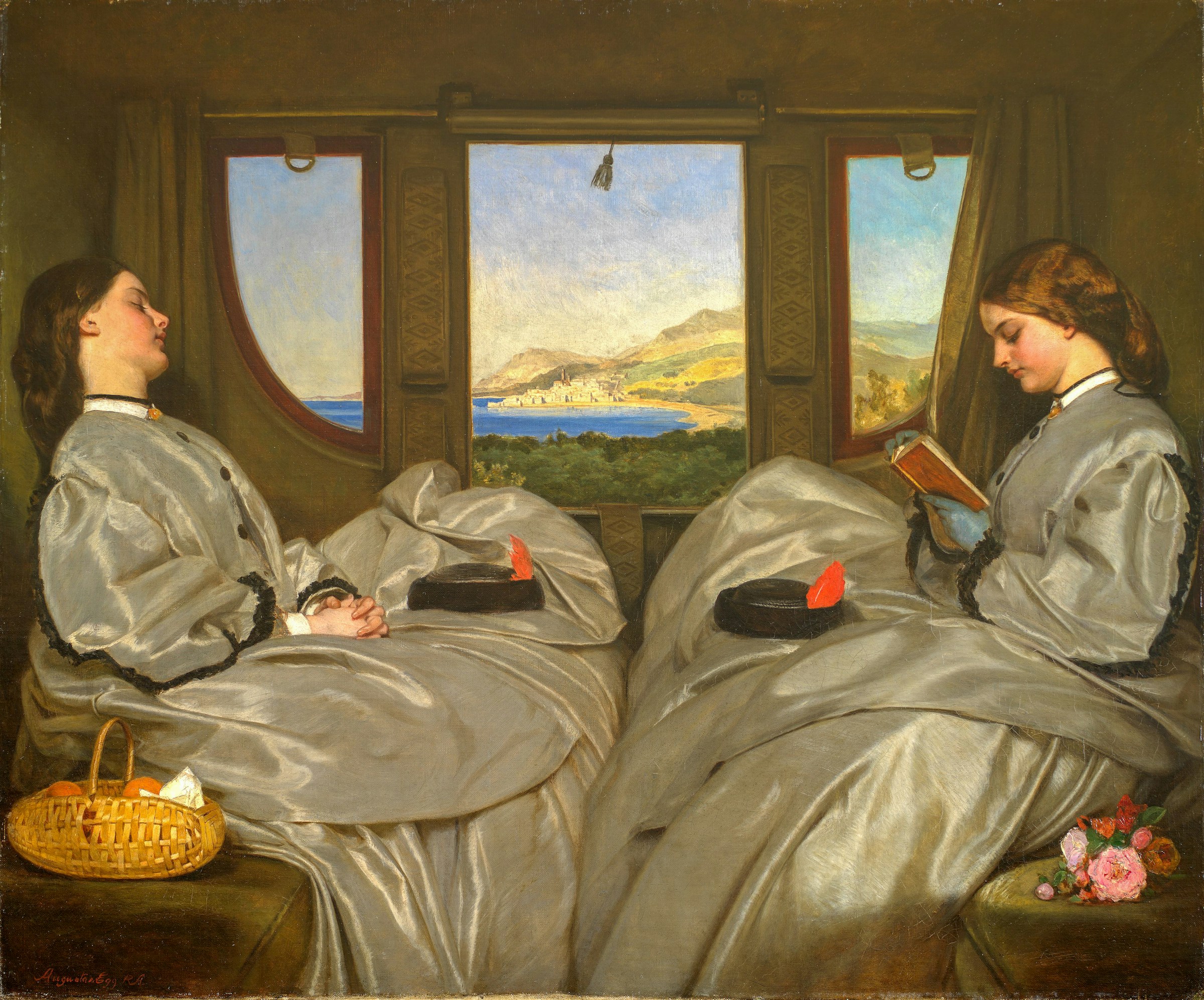 Peinture avec deux femmes dans un train